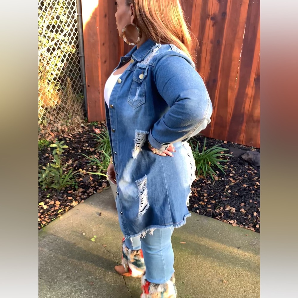 Distressed Denim Jacket Long - Jean - Picture 5 of 6